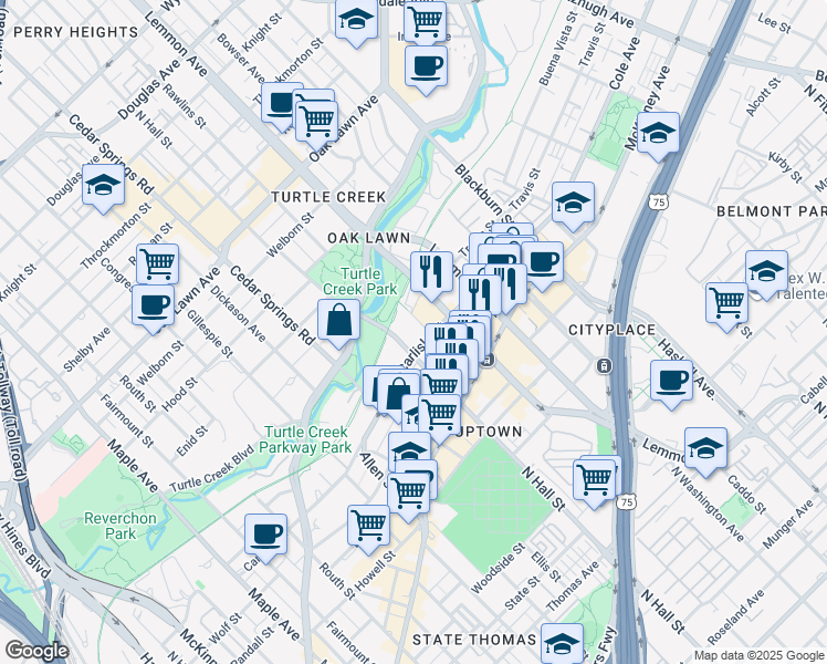 map of restaurants, bars, coffee shops, grocery stores, and more near 3240 North Hall Street in Dallas
