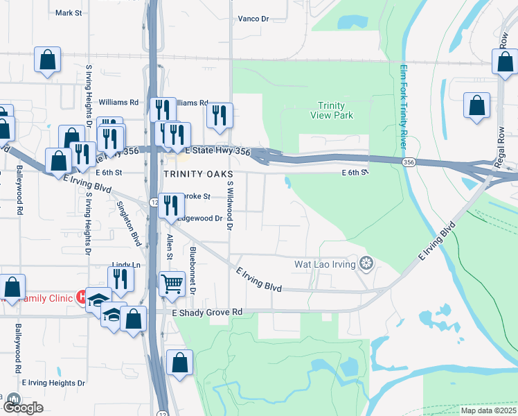 map of restaurants, bars, coffee shops, grocery stores, and more near 713 Van Horn Drive in Irving