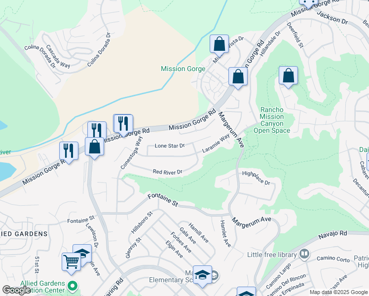map of restaurants, bars, coffee shops, grocery stores, and more near 5655 Lone Star Drive in San Diego