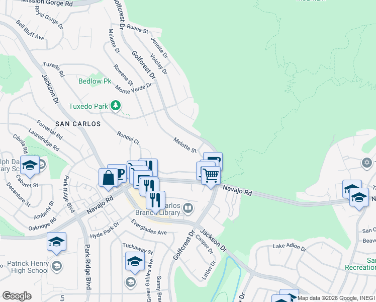 map of restaurants, bars, coffee shops, grocery stores, and more near 7224 Melotte Street in San Diego