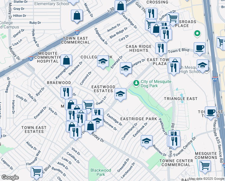 map of restaurants, bars, coffee shops, grocery stores, and more near 2906 Owen Lane in Mesquite