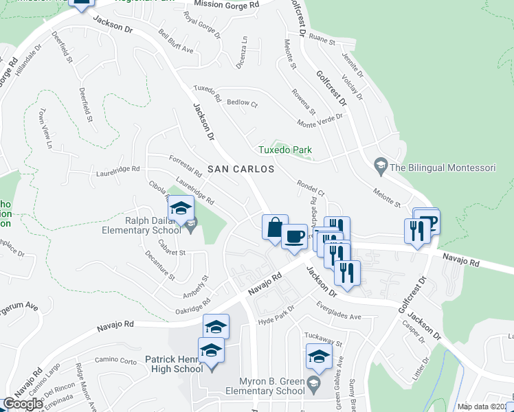 map of restaurants, bars, coffee shops, grocery stores, and more near 7737 Forrestal Road in San Diego