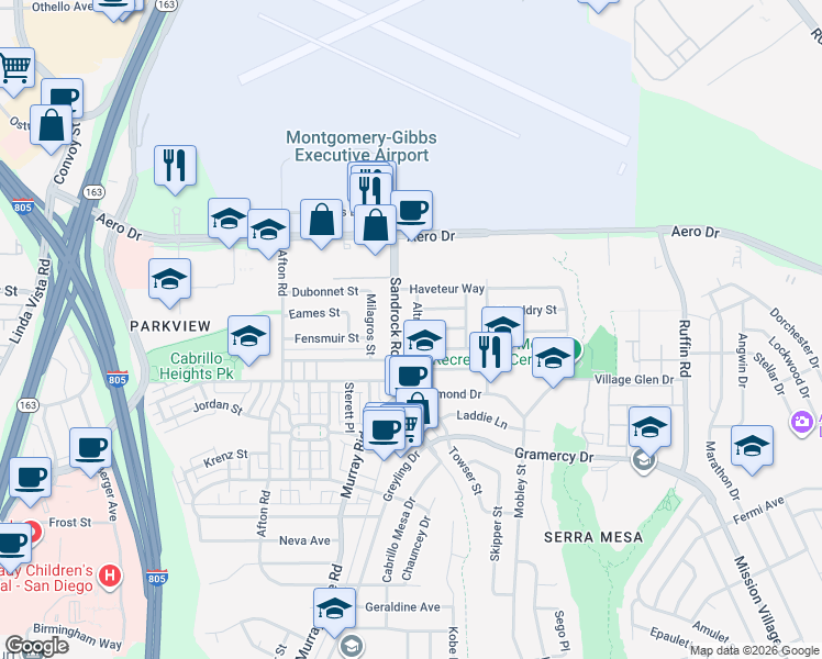 map of restaurants, bars, coffee shops, grocery stores, and more near 3492 Altridge Street in San Diego