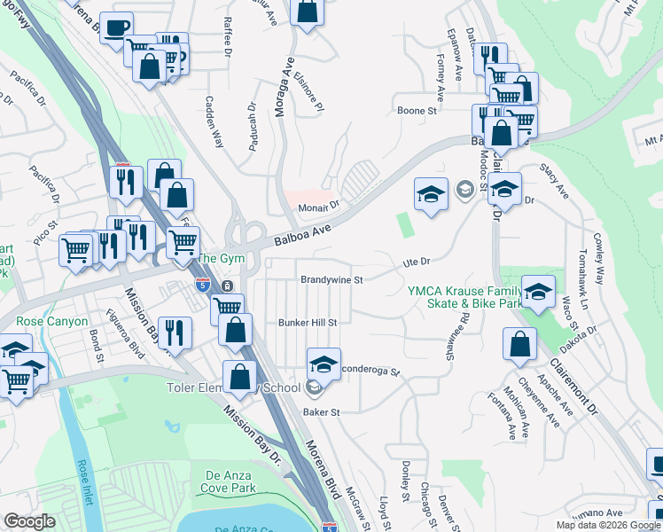 map of restaurants, bars, coffee shops, grocery stores, and more near 3565 Mount Laurence Drive in San Diego