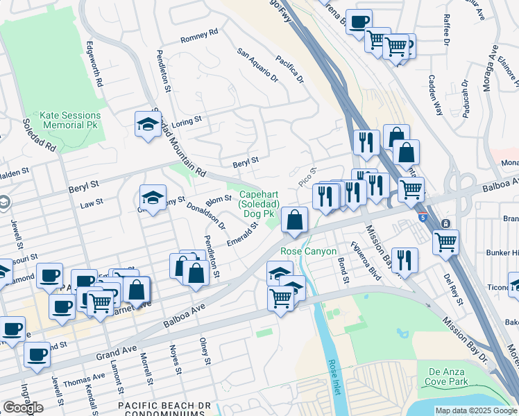 map of restaurants, bars, coffee shops, grocery stores, and more near 2486 Blom Street in San Diego