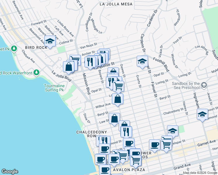 map of restaurants, bars, coffee shops, grocery stores, and more near 5026 Cass Street in San Diego
