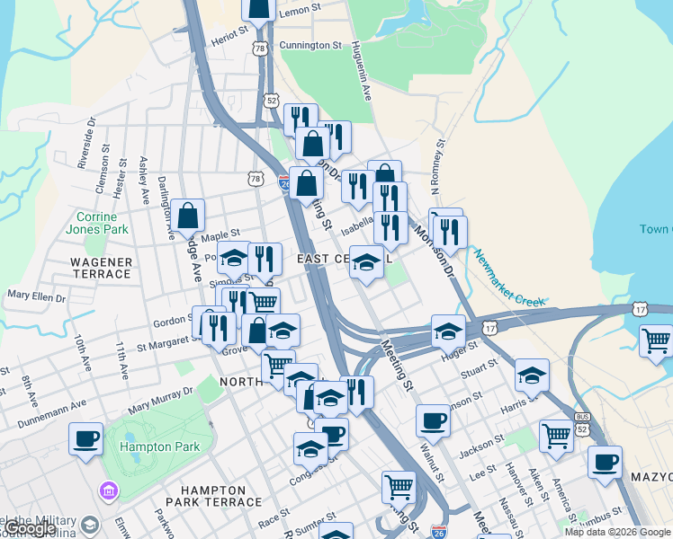 map of restaurants, bars, coffee shops, grocery stores, and more near 670 Meeting Street in Charleston