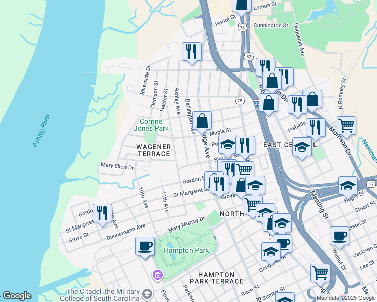 map of restaurants, bars, coffee shops, grocery stores, and more near 890 Ashley Avenue in Charleston