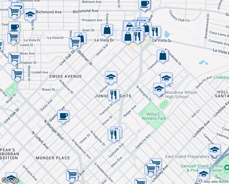 map of restaurants, bars, coffee shops, grocery stores, and more near 5825 Tremont Street in Dallas