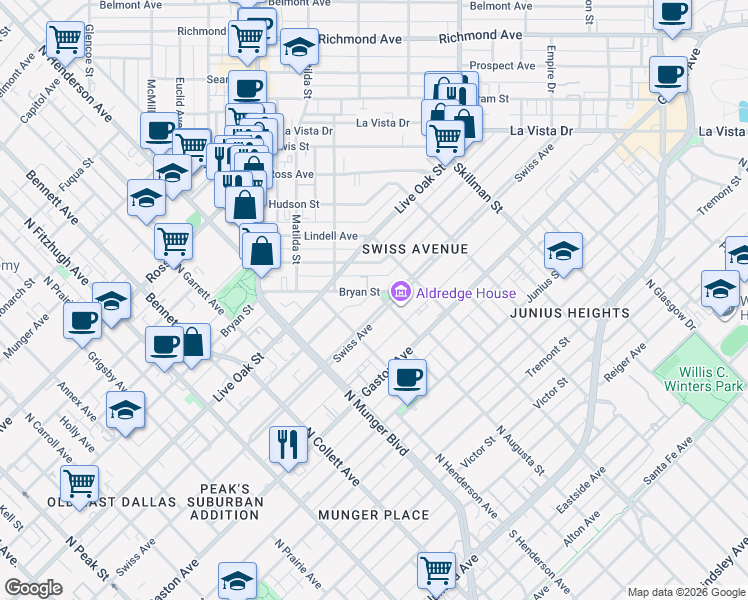 map of restaurants, bars, coffee shops, grocery stores, and more near 5439 Swiss Avenue in Dallas