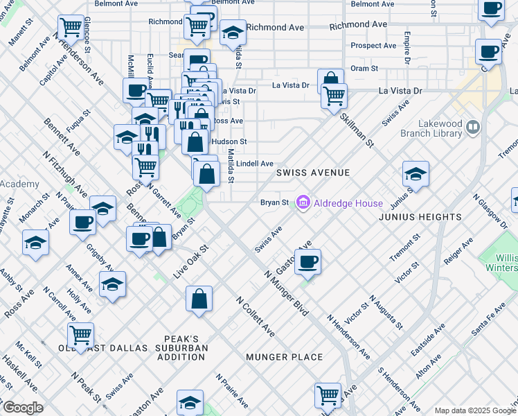 map of restaurants, bars, coffee shops, grocery stores, and more near 5400 Live Oak Street in Dallas