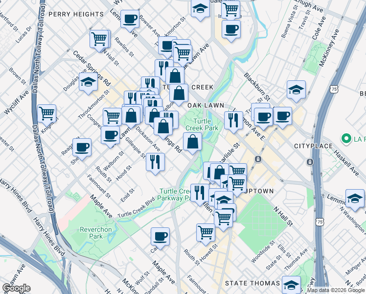 map of restaurants, bars, coffee shops, grocery stores, and more near 3400 Cedar Springs Road in Dallas