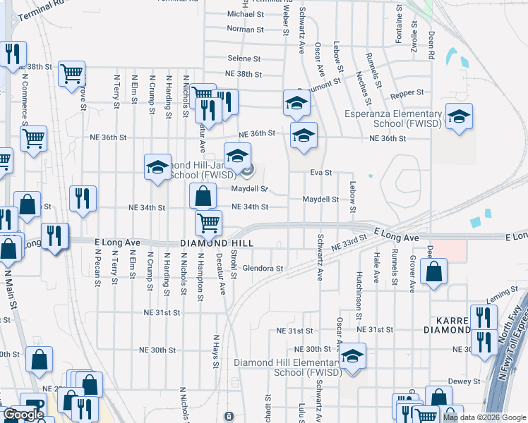 map of restaurants, bars, coffee shops, grocery stores, and more near 1410 Northeast 34th Street in Fort Worth