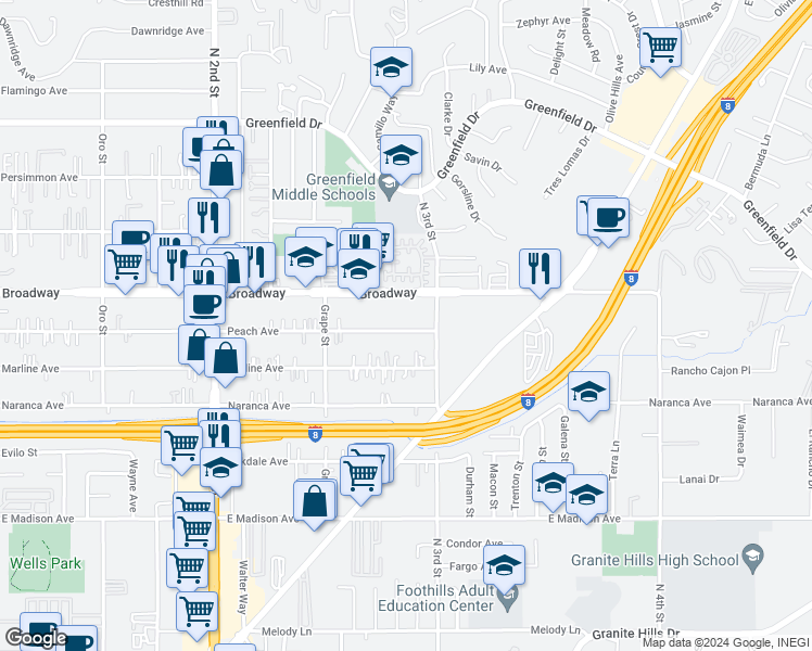 map of restaurants, bars, coffee shops, grocery stores, and more near 1474 Peach Avenue in El Cajon