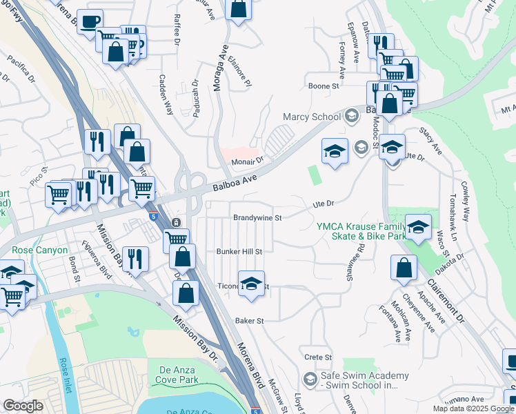 map of restaurants, bars, coffee shops, grocery stores, and more near 3539 Mount Laurence Drive in San Diego