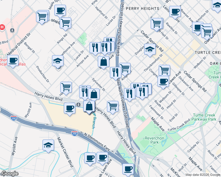map of restaurants, bars, coffee shops, grocery stores, and more near 2417 Knight Street in Dallas