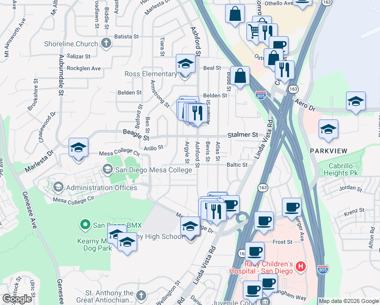 map of restaurants, bars, coffee shops, grocery stores, and more near 3435 Argyle Street in San Diego