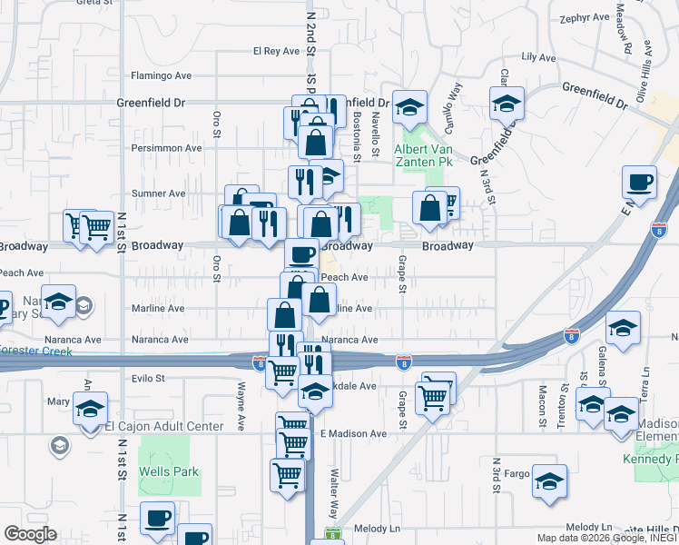 map of restaurants, bars, coffee shops, grocery stores, and more near 1336 Peach Avenue in El Cajon