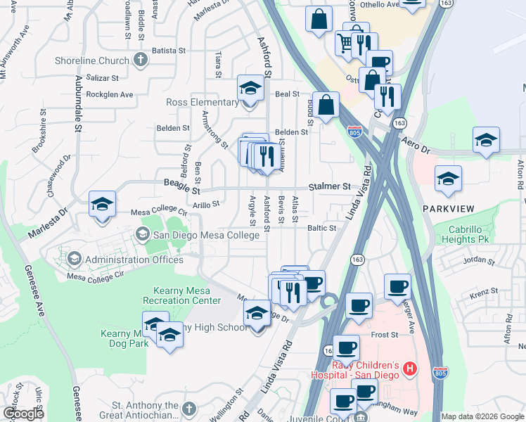 map of restaurants, bars, coffee shops, grocery stores, and more near 3436 Ashford Street in San Diego
