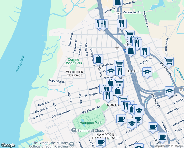 map of restaurants, bars, coffee shops, grocery stores, and more near 890 Ashley Avenue in Charleston