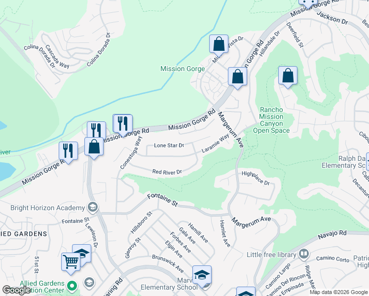 map of restaurants, bars, coffee shops, grocery stores, and more near 5655 Lone Star Drive in San Diego