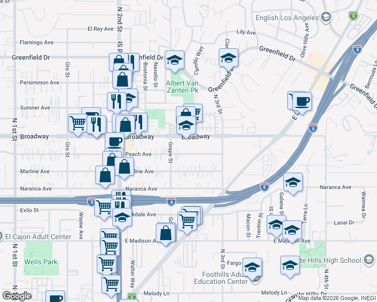 map of restaurants, bars, coffee shops, grocery stores, and more near 1434 Peach Avenue in El Cajon