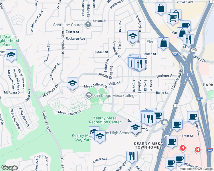 map of restaurants, bars, coffee shops, grocery stores, and more near 7209 Arillo Street in San Diego