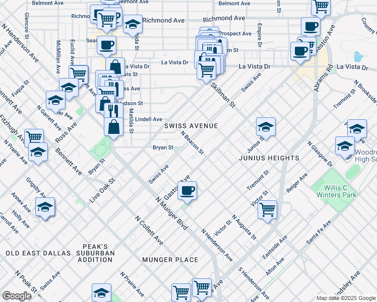 map of restaurants, bars, coffee shops, grocery stores, and more near 5514 Swiss Avenue in Dallas