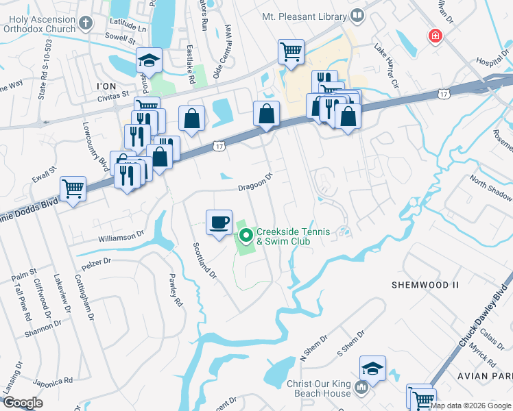 map of restaurants, bars, coffee shops, grocery stores, and more near 815 Creekside Drive in Mount Pleasant