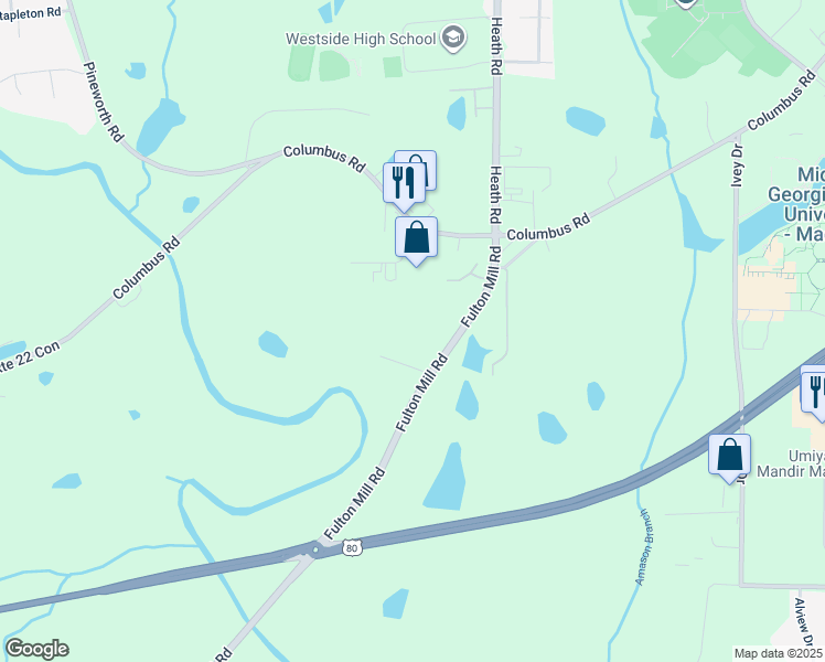 map of restaurants, bars, coffee shops, grocery stores, and more near 3575 Fulton Mill Road in Macon