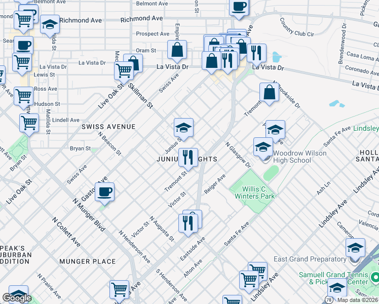 map of restaurants, bars, coffee shops, grocery stores, and more near 5825 Tremont Street in Dallas
