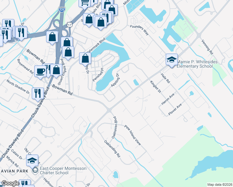 map of restaurants, bars, coffee shops, grocery stores, and more near 1356 Langford Road in Mount Pleasant