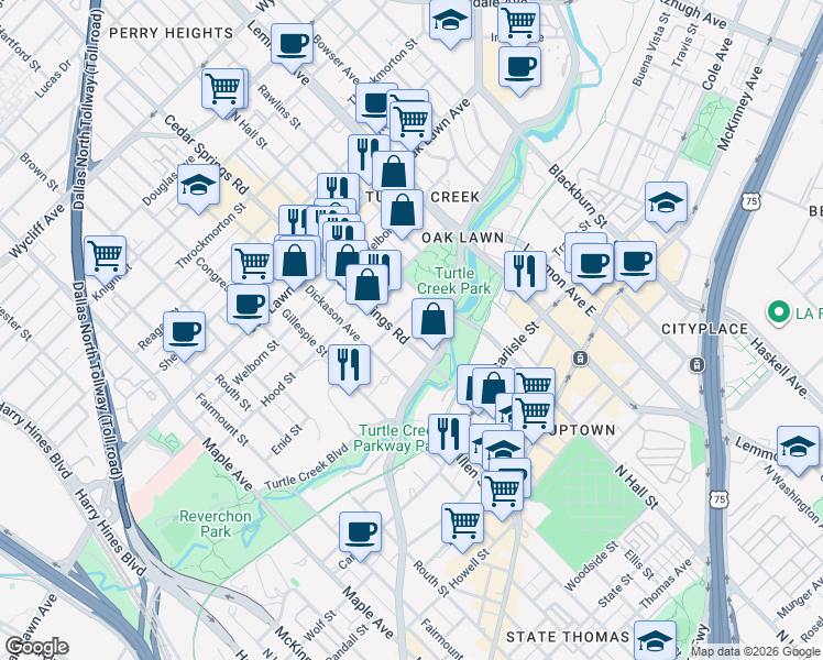 map of restaurants, bars, coffee shops, grocery stores, and more near 3400 Cedar Springs Road in Dallas