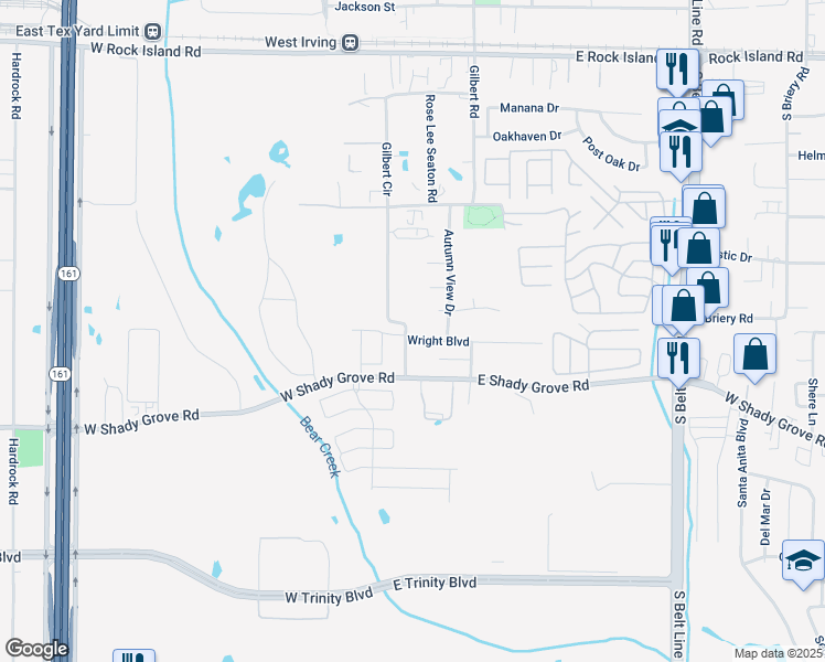 map of restaurants, bars, coffee shops, grocery stores, and more near 102 Wright Boulevard in Grand Prairie