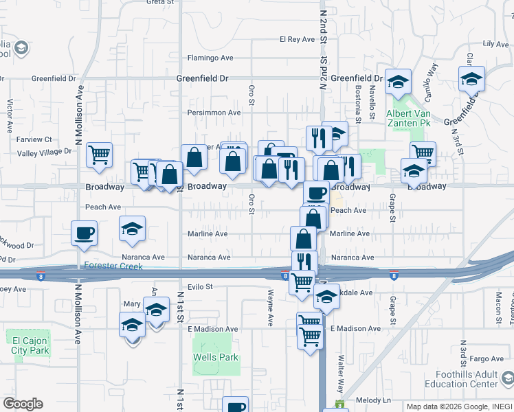 map of restaurants, bars, coffee shops, grocery stores, and more near 1204 Peach Avenue in El Cajon