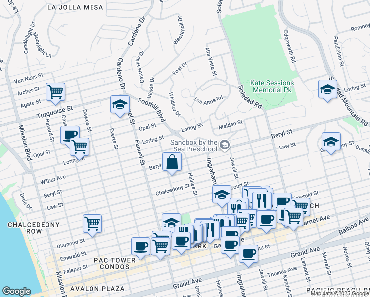 map of restaurants, bars, coffee shops, grocery stores, and more near 1470 Wilbur Avenue in San Diego