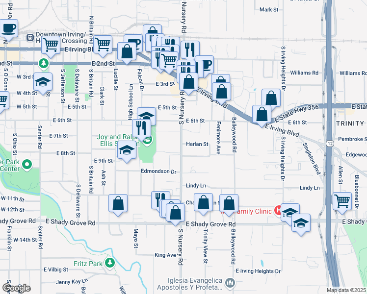 map of restaurants, bars, coffee shops, grocery stores, and more near 1002 Harlan Street in Irving