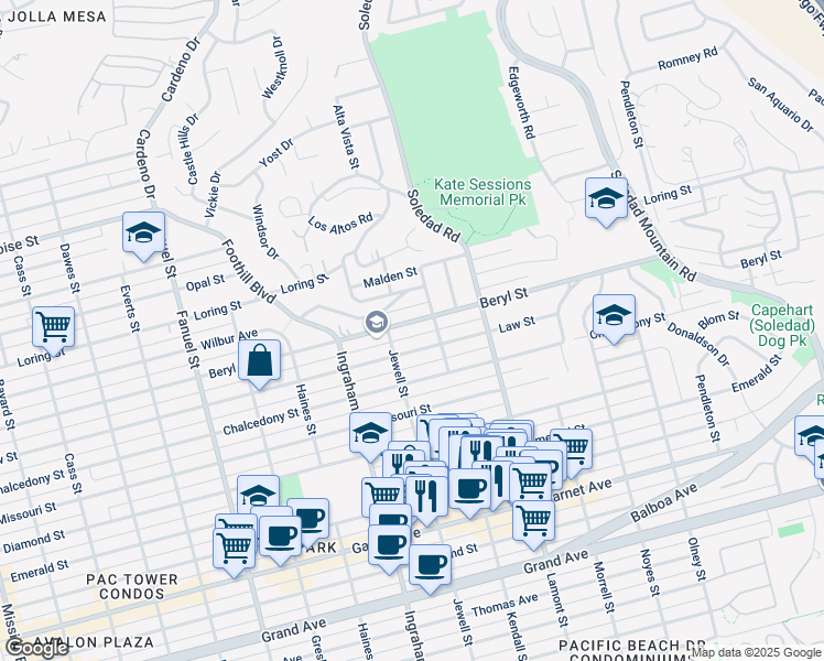 map of restaurants, bars, coffee shops, grocery stores, and more near 1737 Beryl Street in San Diego