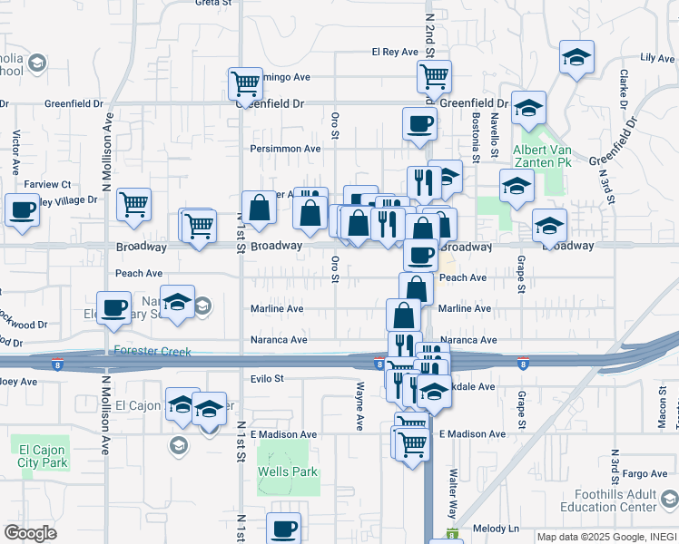 map of restaurants, bars, coffee shops, grocery stores, and more near 1202 Peach Avenue in El Cajon