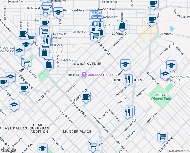 map of restaurants, bars, coffee shops, grocery stores, and more near 5597 Gaston Avenue in Dallas