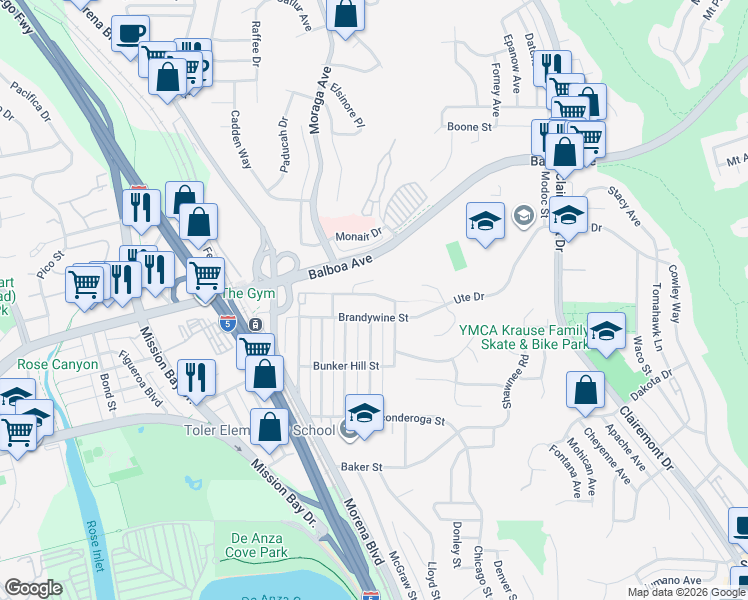 map of restaurants, bars, coffee shops, grocery stores, and more near 3565 Mount Laurence Drive in San Diego