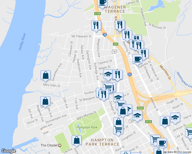 map of restaurants, bars, coffee shops, grocery stores, and more near 815 Rutledge Avenue in Charleston