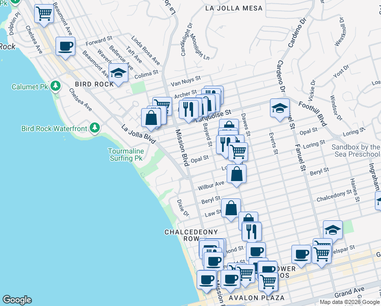 map of restaurants, bars, coffee shops, grocery stores, and more near 819-21 Tourmaline Street in San Diego