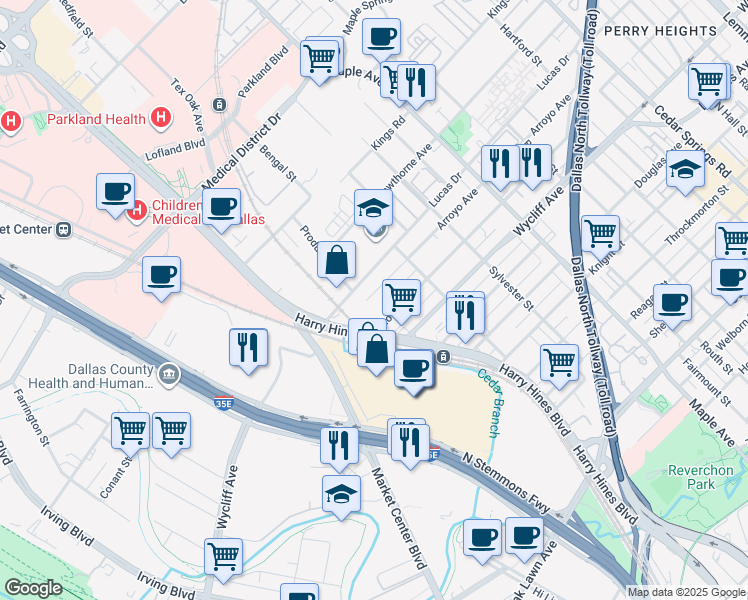 map of restaurants, bars, coffee shops, grocery stores, and more near 2126 Arroyo Avenue in Dallas