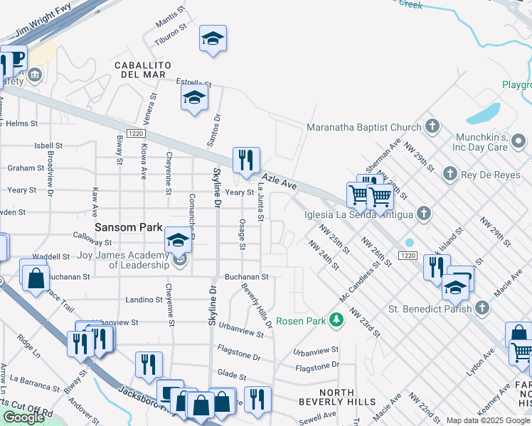 map of restaurants, bars, coffee shops, grocery stores, and more near 2500 Washington Avenue in Sansom Park