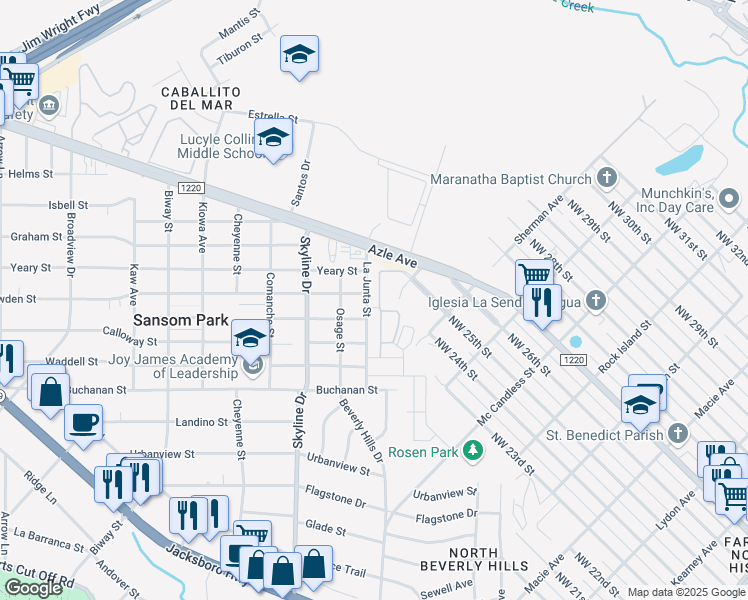 map of restaurants, bars, coffee shops, grocery stores, and more near 2500 Washington Avenue in Fort Worth