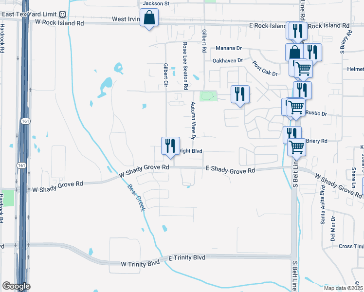 map of restaurants, bars, coffee shops, grocery stores, and more near 102 Wright Boulevard in Grand Prairie