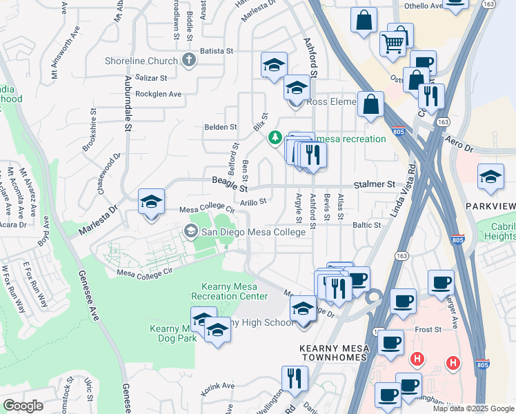 map of restaurants, bars, coffee shops, grocery stores, and more near 7273 Arillo Street in San Diego