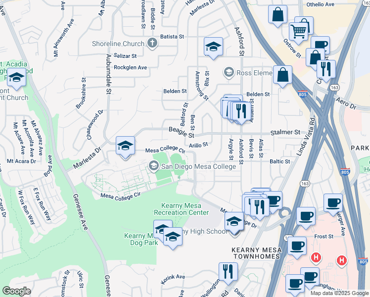 map of restaurants, bars, coffee shops, grocery stores, and more near 7209 Arillo Street in San Diego