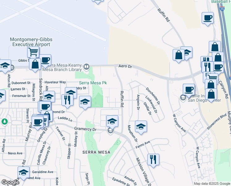 map of restaurants, bars, coffee shops, grocery stores, and more near 3549 Castle Glen Drive in San Diego